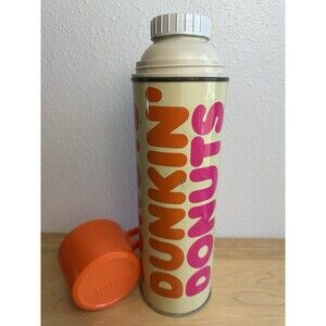 Vintage 1980s Dunkin Donuts Thermos Brand Metal Vacuum Bottle Orange Pink 13.25”